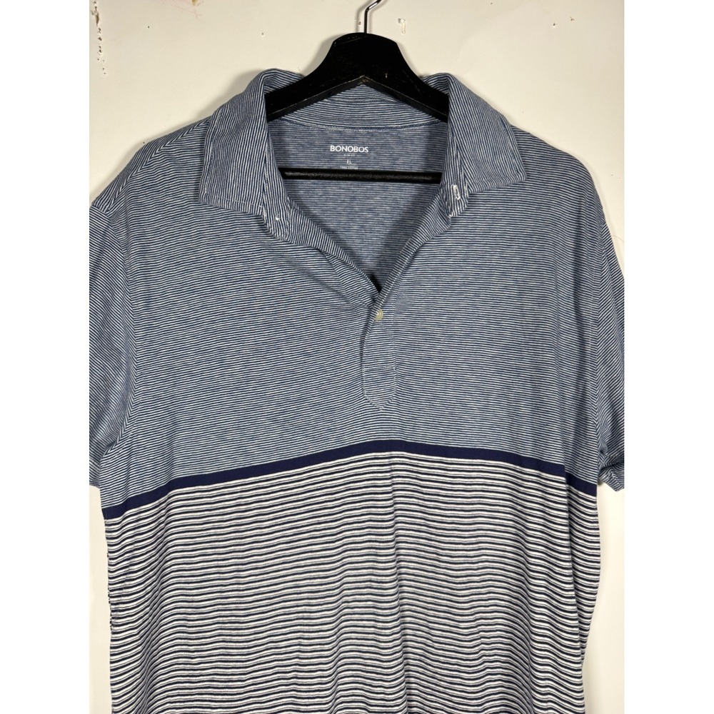 Bonobos Mens XL Slim Fit Blue White Striped Short Sleeve Cotton Polo Shirt